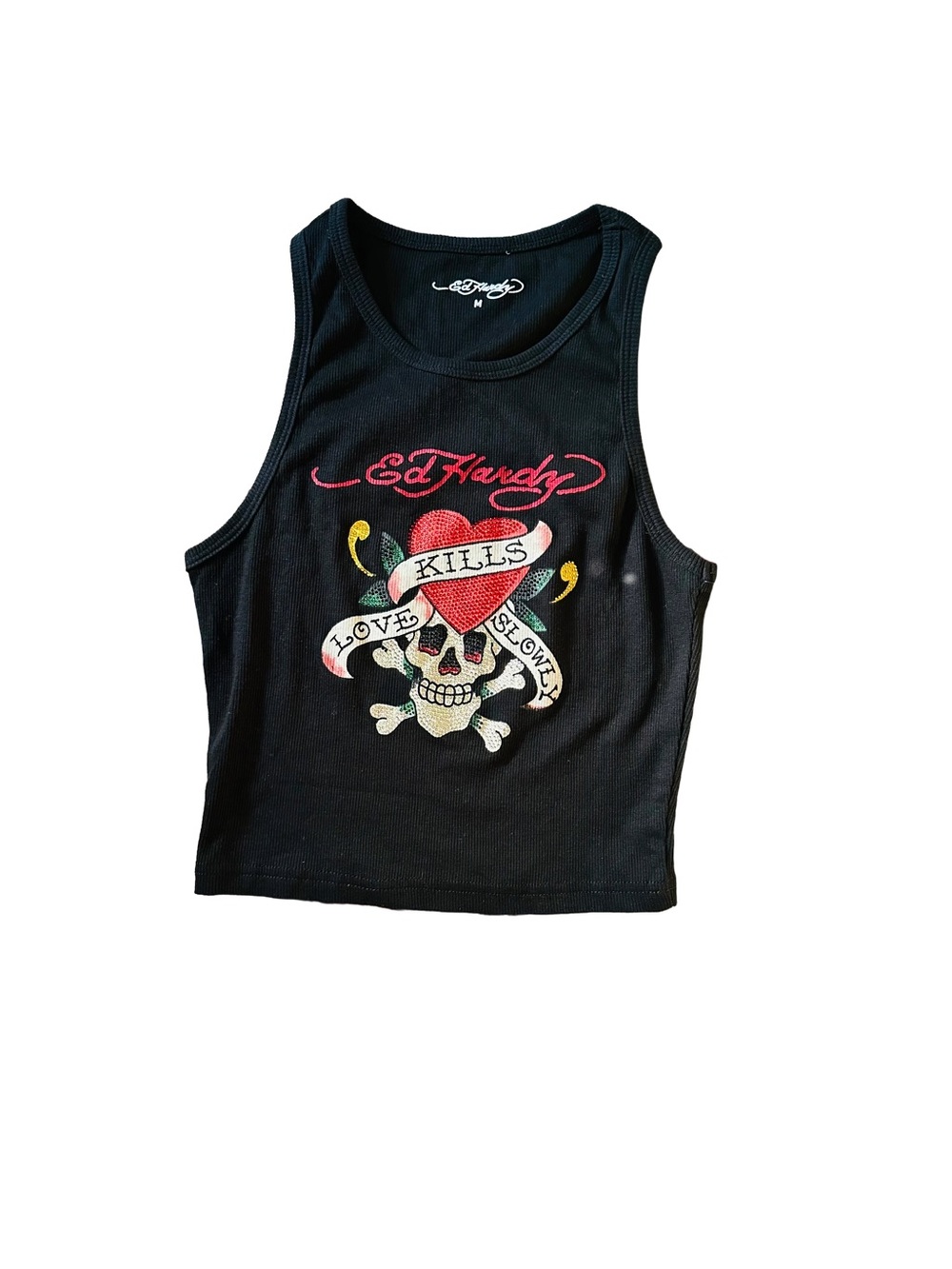Ed Hardy Black Tank Top with Red Heart & Skull Graphic